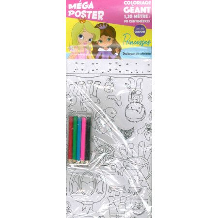 Méga poster Princesses + 4 crayons de couleurs - 9782754222693