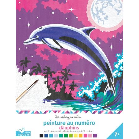 Peinture au numéro dauphins - Avec 2 tableaux, 2 palettes de peinture de 12 couleurs, 1 pinceau