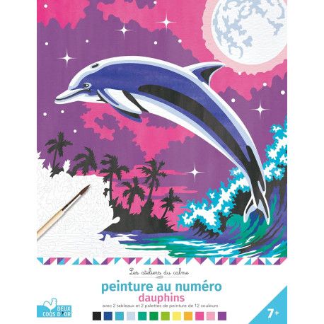 Peinture au numéro dauphins - Avec 2 tableaux, 2 palettes de peinture de 12 couleurs, 1 pinceau