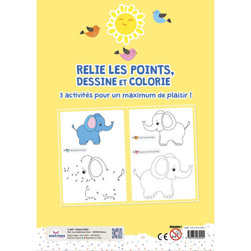 Relie les points, Dessine et Colorie (Eléphant) - 9782754232432