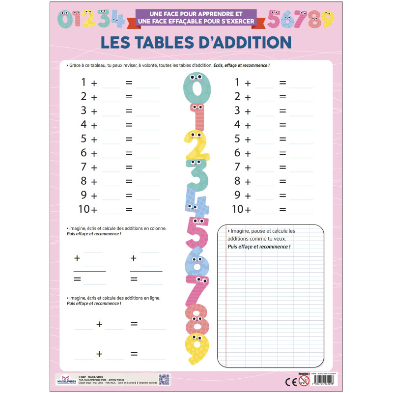 Poster Effaçable - Les tables d'addition - 9782754232098