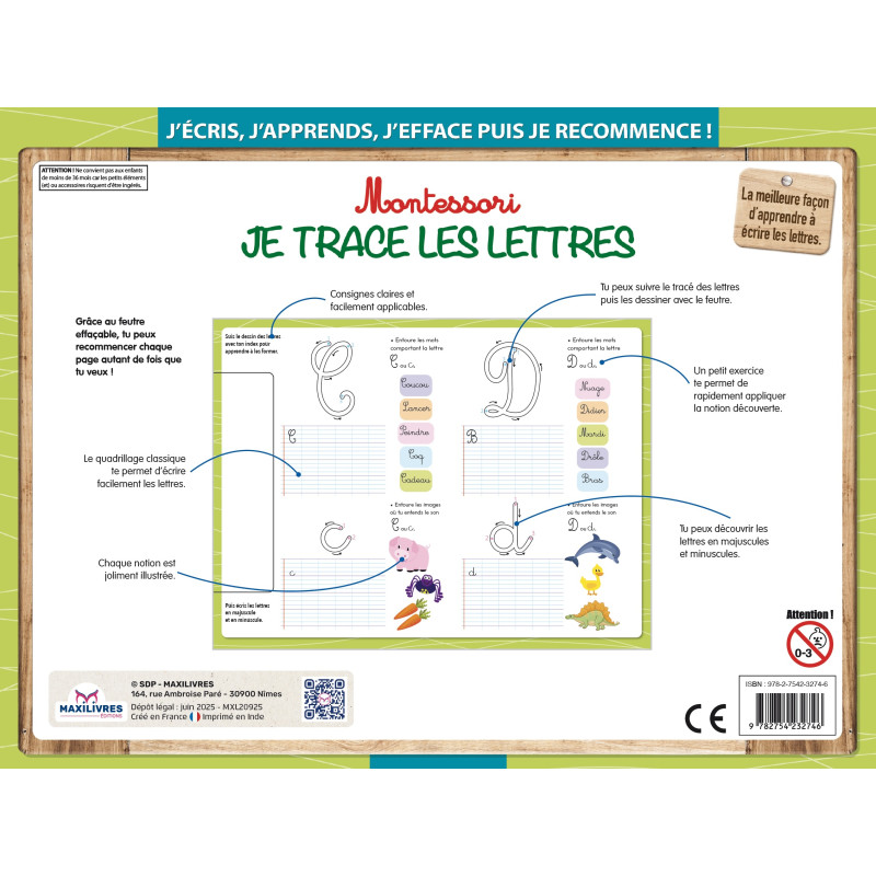 Montessori - Je trace les lettres (avec un feutre effaçable) - 9782754232746